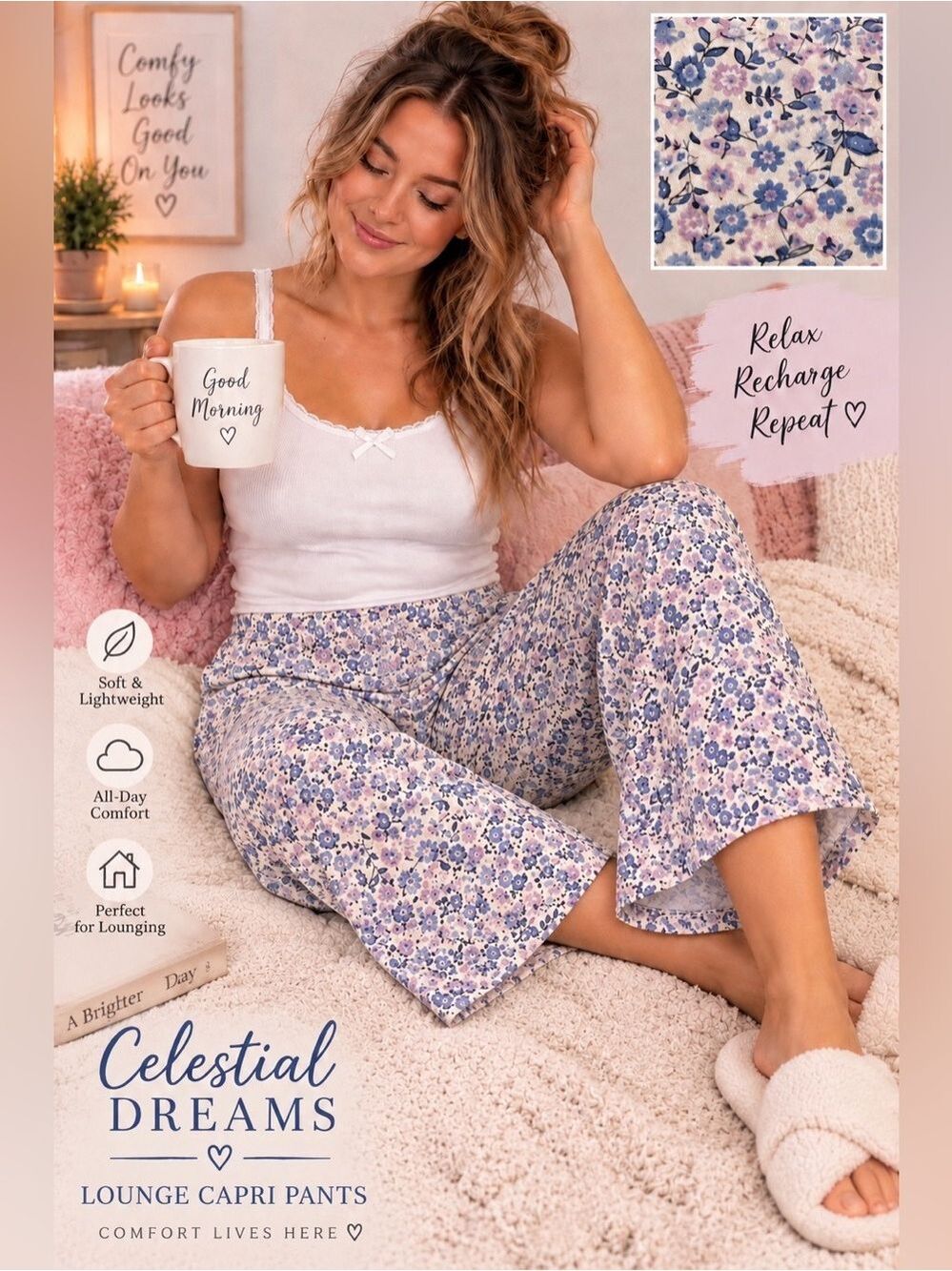 Celestial Dreams Floral Lounge Capri Pajama Pants Size XL 16-18